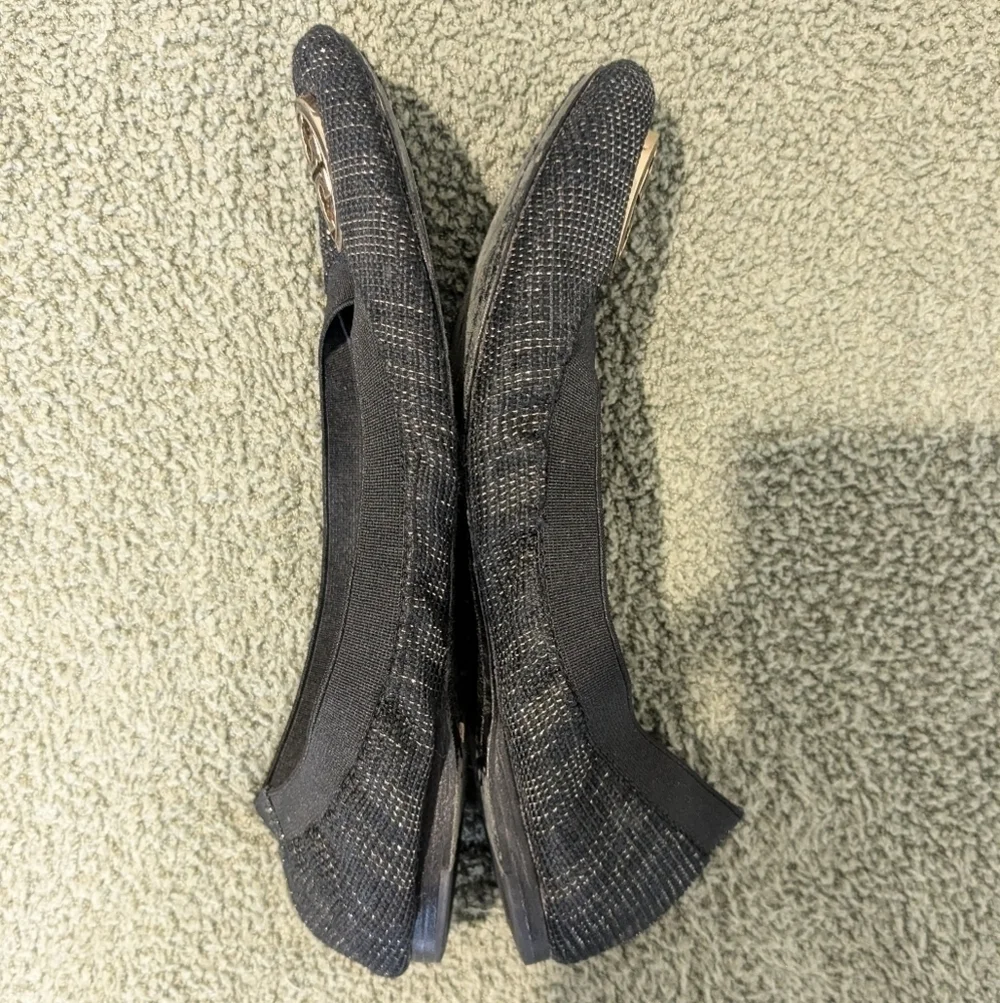 Tory Burch Black Gold Tweed Leather Emblem Slip-On Caroline Ballet Flats 7.5 M